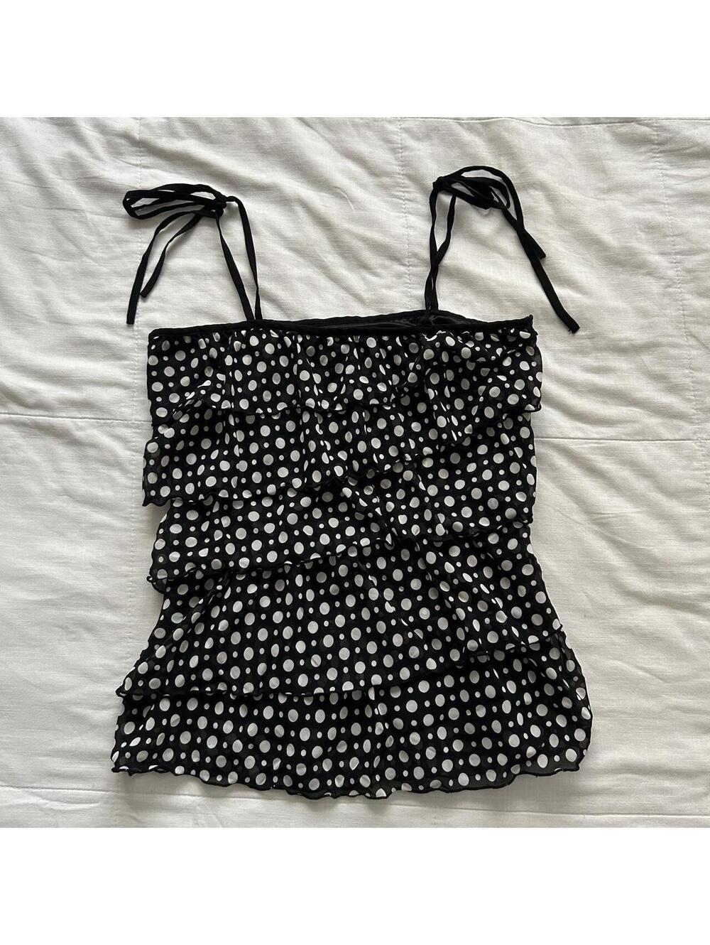 Pinky Girls Black White Polka Dot Tiered Ruffle Camisole Tie Strap Top Y2K